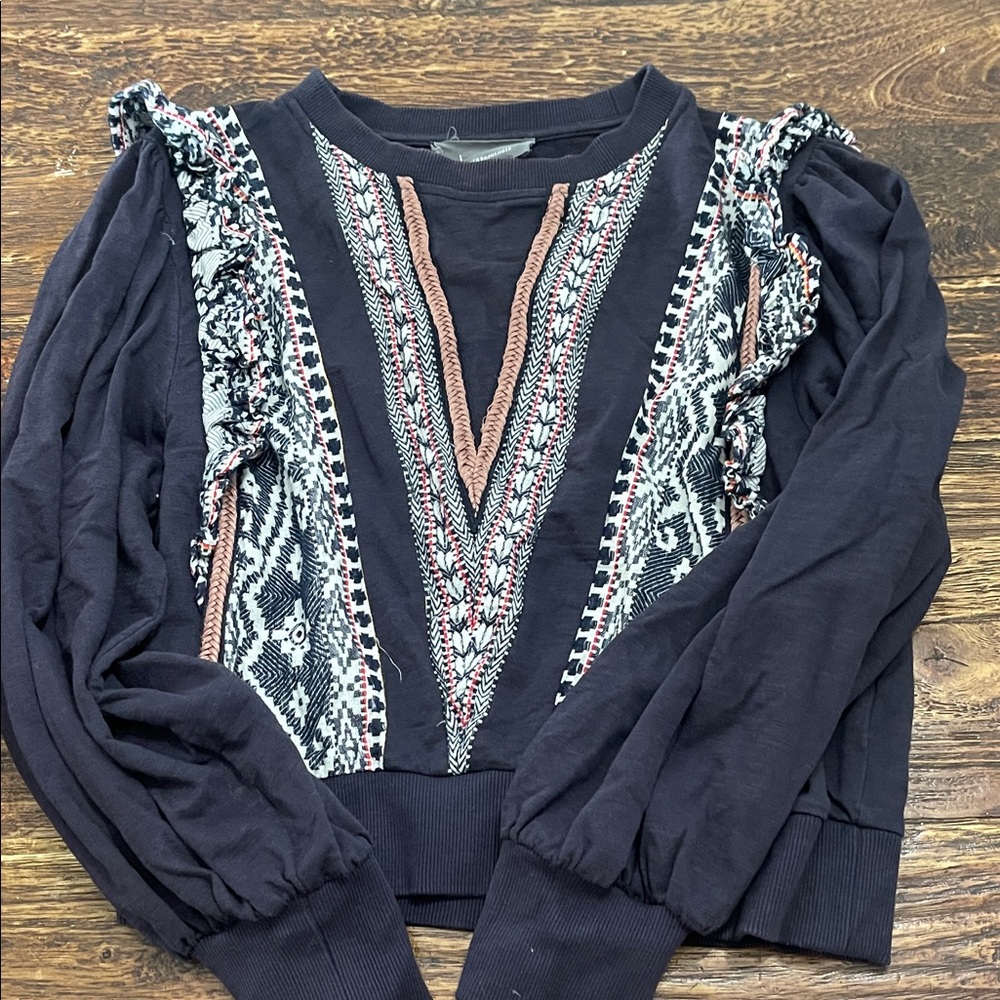 Anthropologie Navy and Coral Patterned Sweatshirt